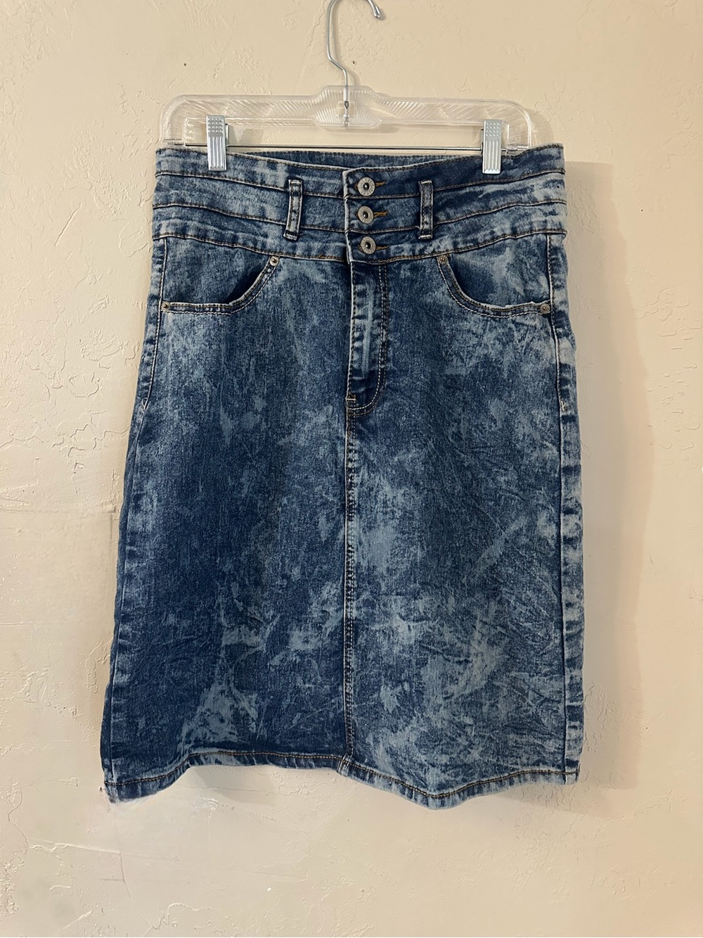 BE-GIRL Jean Skirt Stretch Denim Acid Wash Look Size Large